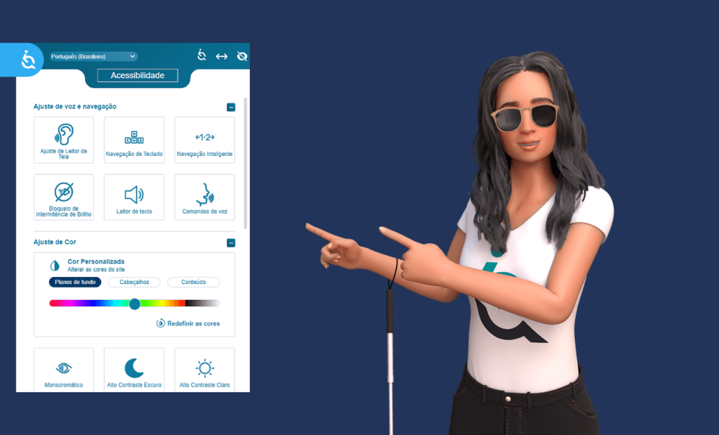EqualWeb. Banner com a Ewa de óculos escuros e bengala apontando para a ferramenta da Equalweb.