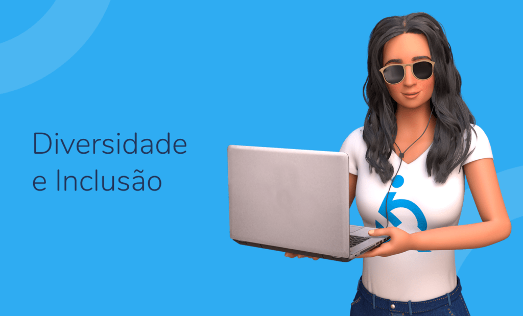 Acessibilidade digital; No banner de fundo azul do lado direito temos a personagem Ewa segurando um notebook e fones de ouvidos, ela está com um óculos escuros e uma camisa branca com a logo da Equalweb. Do lado esquerdo da imagem temos a frase: diversidade e inclusão.