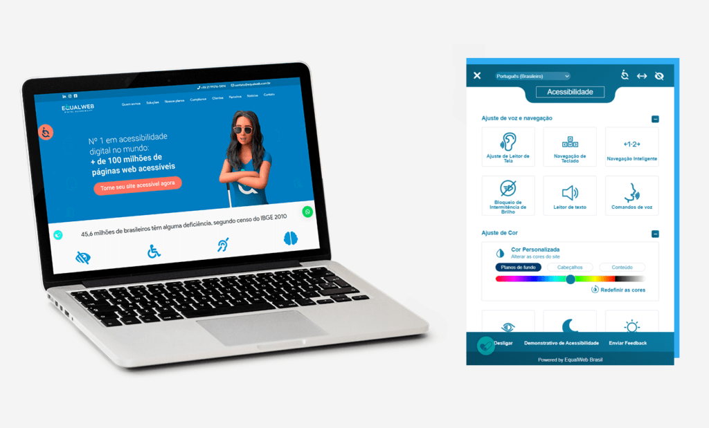 Acessibilidade digital; Na imagem de fundo branco temos do lado esquerdo um notebook aberto na página inicial do site da equalweb e do lado direito temos um print da ferramenta da equalweb mostrando algumas funcionalidades.
