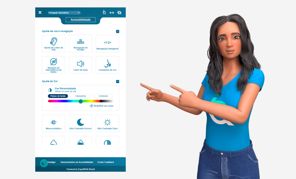 acessível. A imagem da Ewa ao lado direito apontando para as funcionalidades da ferramenta da EqualWeb que se encontra do lado esquerdo.