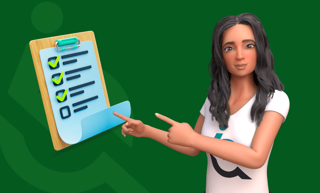 deficiência. Imagem de fundo verde com a logo da equalweb sobreada, do lado direito temos a foto a Ewa e do lado esquerdo a imagem de uma palheta com um formulário. 