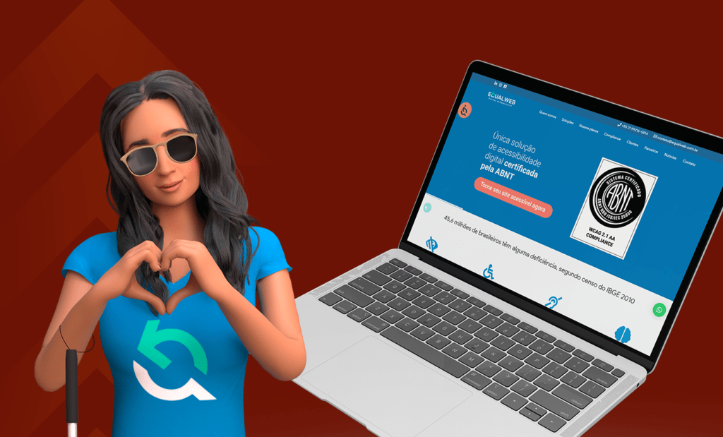 Site. Fota da Ewa ao lado esquerdo com a blusa azul da Equalweb com a bengala na mão esquerda e fazendo um coração com a mão. Do lado direito temos a imagem de um notebook aberto na página inicial do site da Equalweb. 