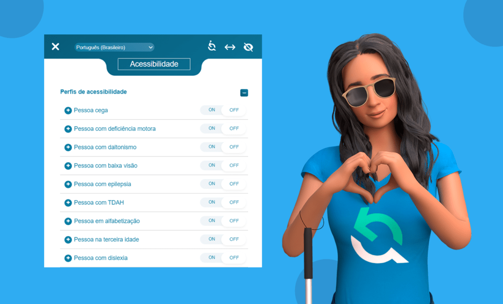 Atualização. Banner com fundo azul e alguns detalhes em azul claro. Do lado direito temos a imagem da ewa de blusa azul com a logo da EqualWeb, óculos escuros, fazendo um coração com as duas mãos e no braço direito a sua bengala pendurada. No lado esquerdo temos a ferramenta da Equalweb aberta com as novas atualizações. 