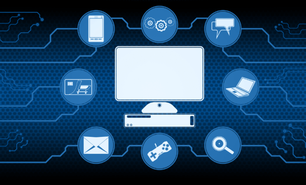 negócio. Imagem de um compitador com algumas conexões em volta. 