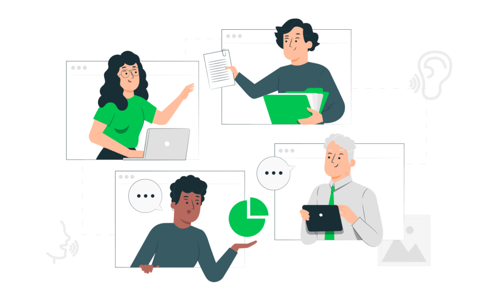 inclusão. Uma gravura representando algumas pessoas em ambiente coorporativo, na representação temos uma menina e três homens.