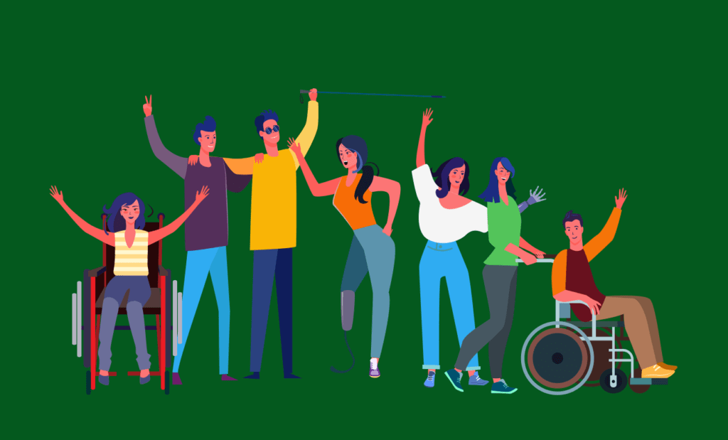 inclusão; Uma imagem em fundo verde com pessoas abraçadas representado alguns tipos de deficiência.