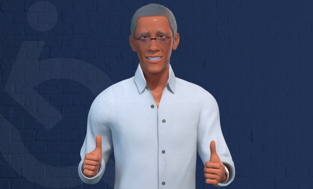 ewerton. Em um fundo azul com a logo da Equalweb em um tom mais claro do lado esquerdo, temos a imagem do Ewerton homem negro de 71 anos com uma blusa branca social fazendo sinal de positivo com as duas mãos.