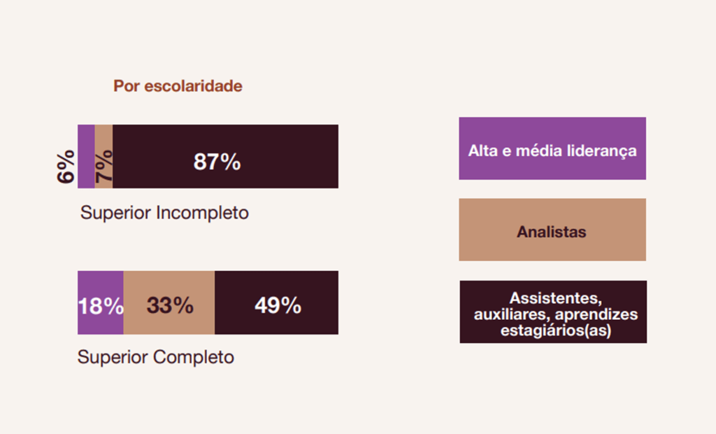 estudo. Banner apresentando o porcentagem e cargos que as pessoas ocupam quando possuem ensino superior completa e incompleto.