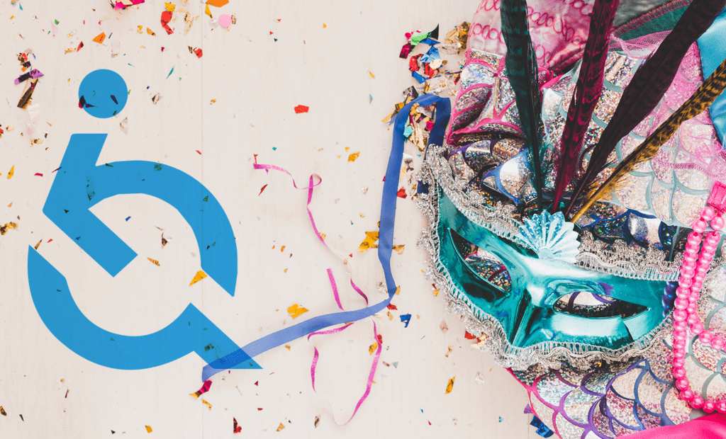 Carnaval. Banner com alguns confetes e serpentinas coloridas. Do lado direito podemos observar a logo da equalWeb em azul claro e do lado esquerdo também na cor azul clara temos uma máscara de carnaval.