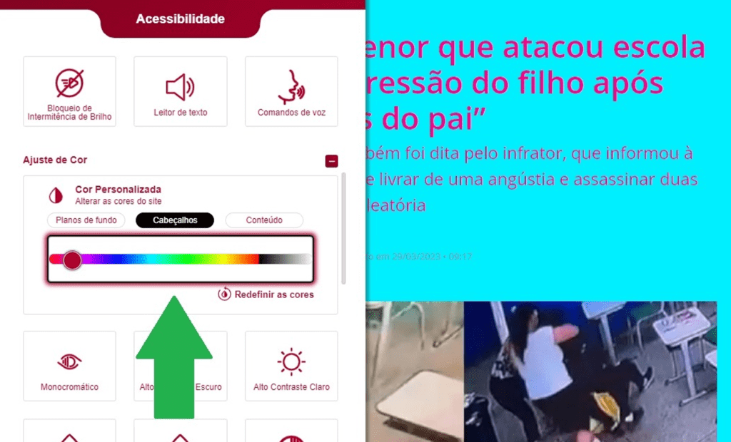 Band. Imagem do portal da Band com a ferramenta da equalweb aberta com a funcionalidade cor personalizada aberta.