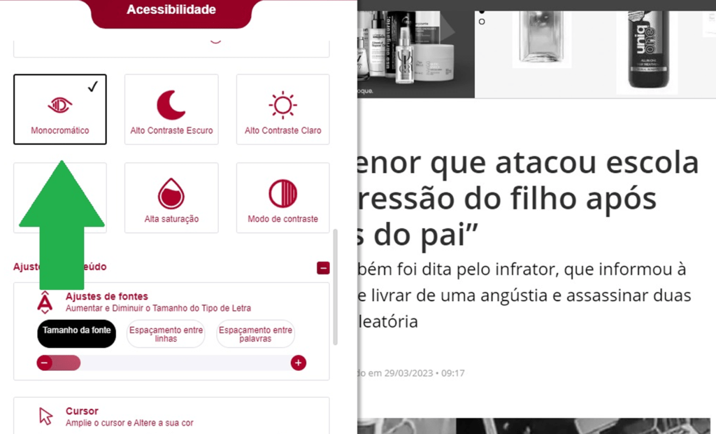 Band. Imagem do portal da Band com a ferramenta da equalweb aberta com a funcionalidade monocromatico aberta. 