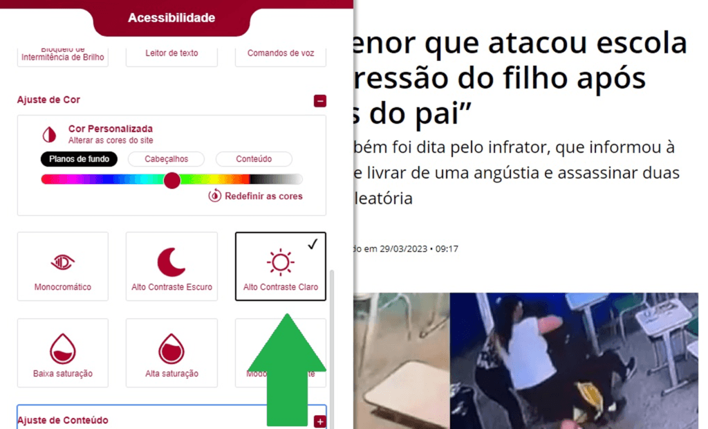 Band. Imagem do portal da Band com a ferramenta da equalweb aberta com a funcionalidade alto contraste claro. 