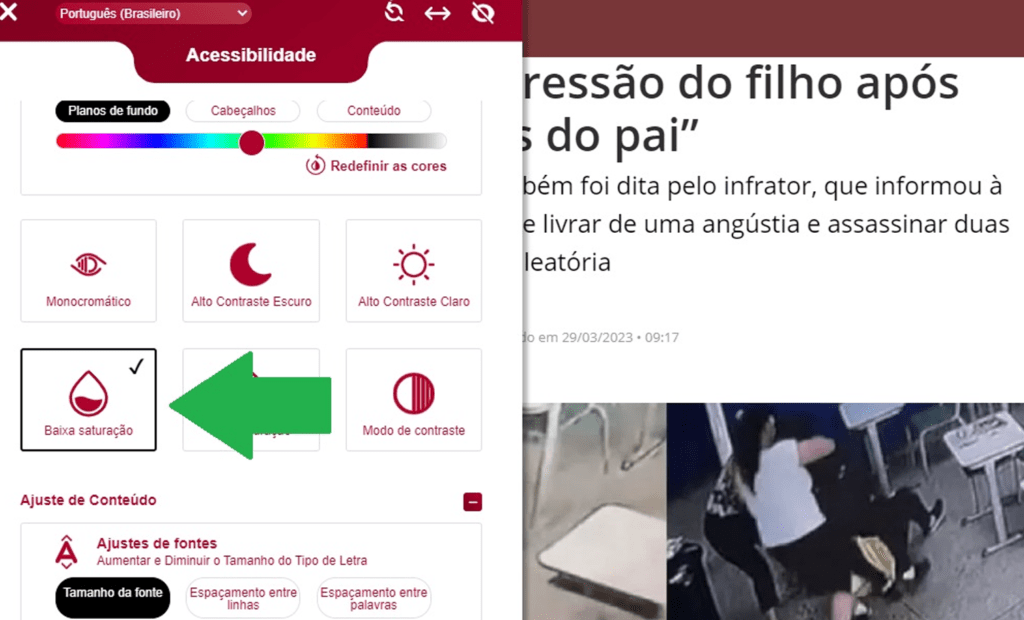 Band. Imagem do portal da Band com a ferramenta da equalweb aberta com a funcionalidade baixa saturação aberta. 