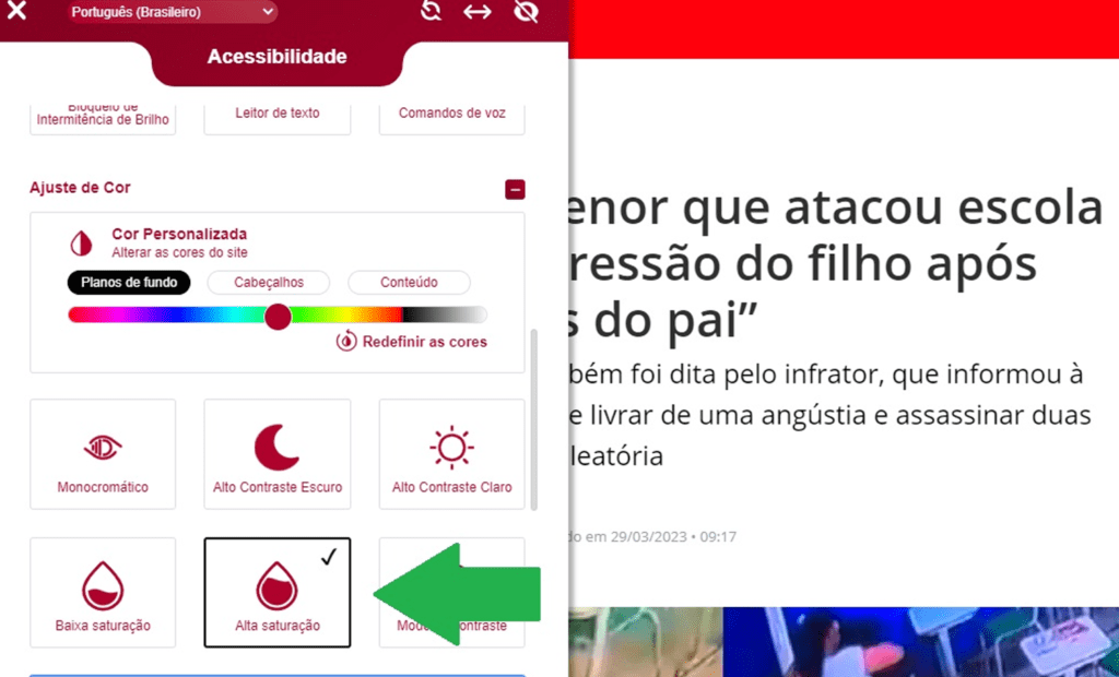 Band. Imagem do portal da Band com a ferramenta da equalweb aberta com a funcionalidade alta saturação aberta.