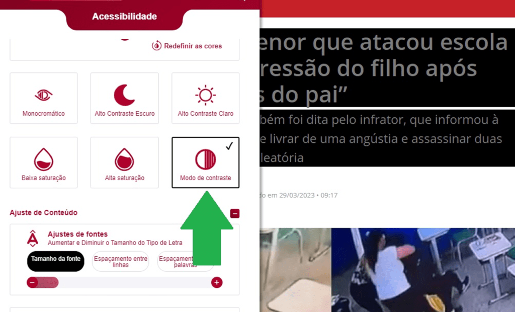 Band. Imagem do portal da Band com a ferramenta da equalweb aberta com a funcionalidade modo de constrate aberta. 