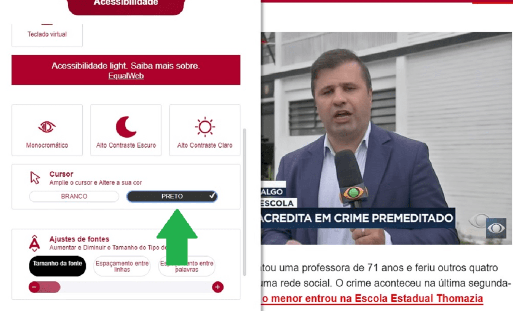 Band. Imagem do portal da Band com a ferramenta da equalweb aberta com a funcionalidade de cursor preto aberto. 