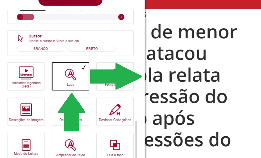 Band. Imagem do portal da Band com a ferramenta da equalweb aberta com a funcionalidade lupa aberta. 