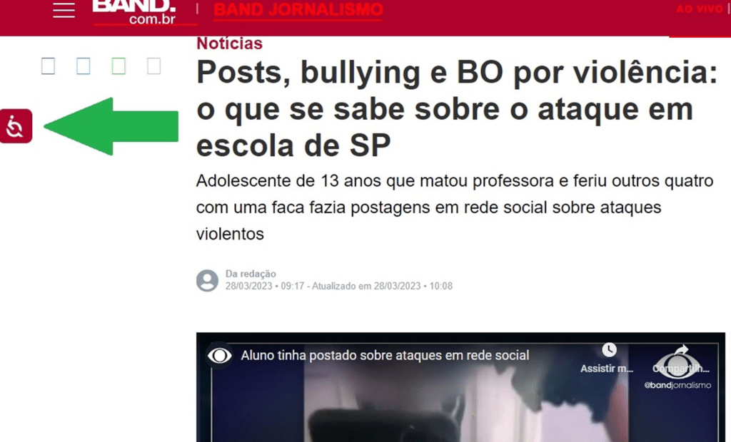 Band. Imagem do portal da band com a ferramenta de acessibilidade da EqualWeb. Do lado esquerdo temos o ploguin da equalWeb e uma seta verde. 