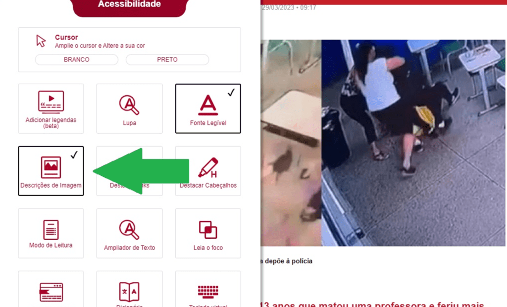 Band. Imagem do portal da Band com a ferramenta da equalweb aberta com a funcionalidade descrição de imagem aberta. 