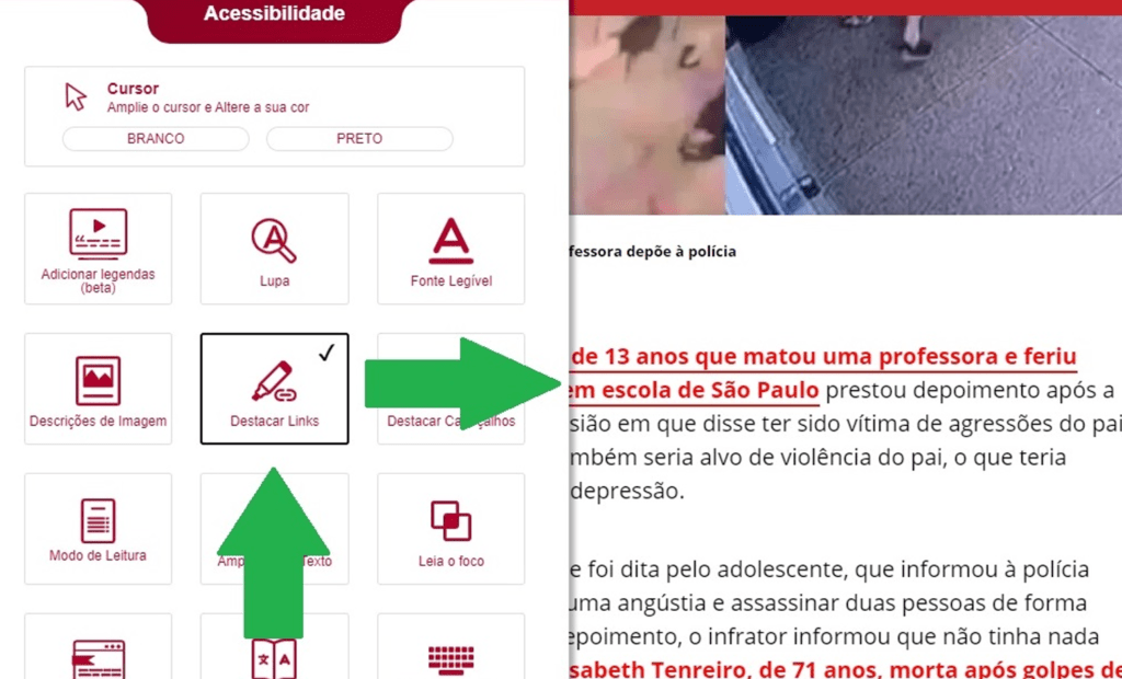 Band. Imagem do portal da Band com a ferramenta da equalweb aberta com a funcionalidade destacar links aberta. 