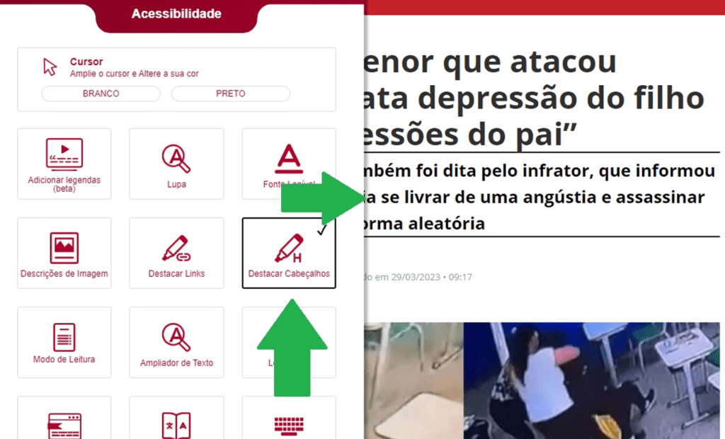 Band. Imagem do portal da Band com a ferramenta da equalweb aberta com a funcionalidade destacar cabeçalho aberta. 