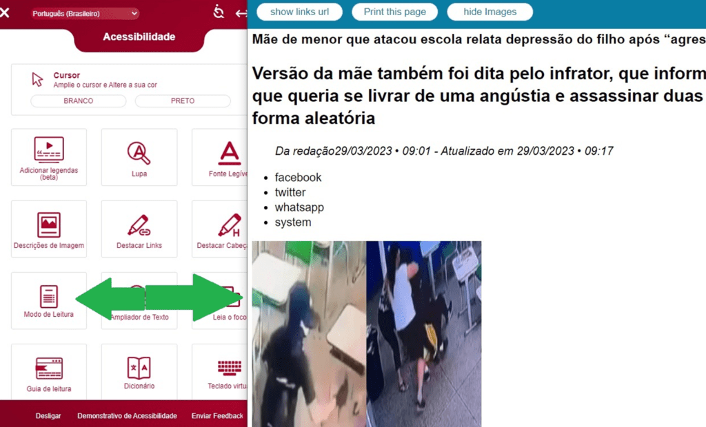 Band. Imagem do portal da Band com a ferramenta da equalweb aberta com a funcionalidade modo de leitura aberta. 