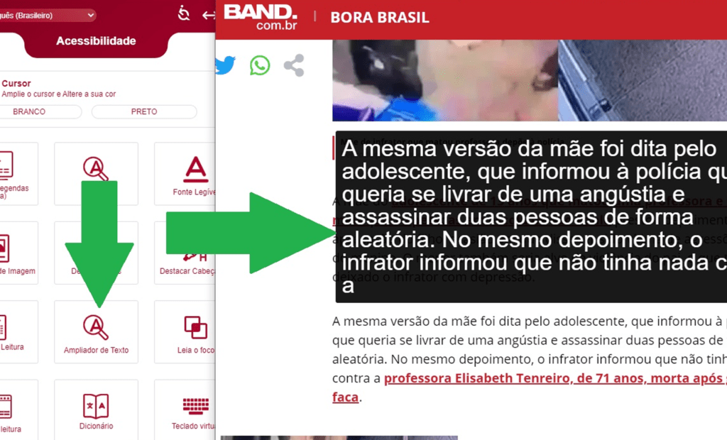 Band. Imagem do portal da Band com a ferramenta da equalweb aberta com a funcionalidade de ampliador de texto aberta. 