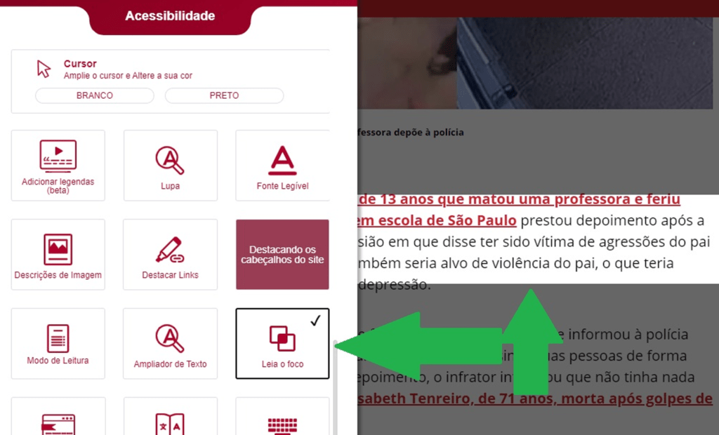 Band. Imagem do portal da Band com a ferramenta da equalweb aberta com a funcionalidade Leia o foco. 