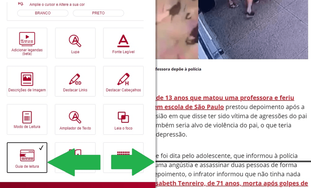 Band. Imagem do portal da Band com a ferramenta da equalweb aberta com a funcionalidade Guia de leitura. 
