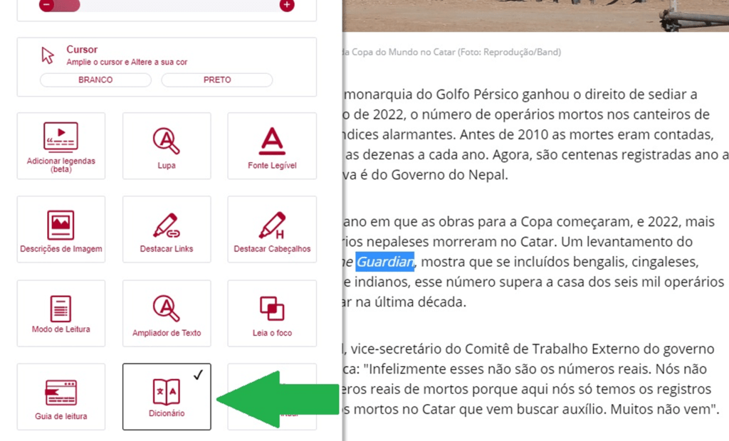 Band. Imagem do portal da Band com a ferramenta da equalweb aberta com a funcionalidade dicionário aberto.