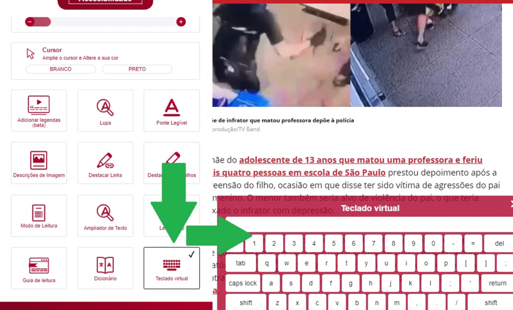 Band. Imagem do portal da Band com a ferramenta da equalweb aberta com a funcionalidade teclado virtual aberta. 