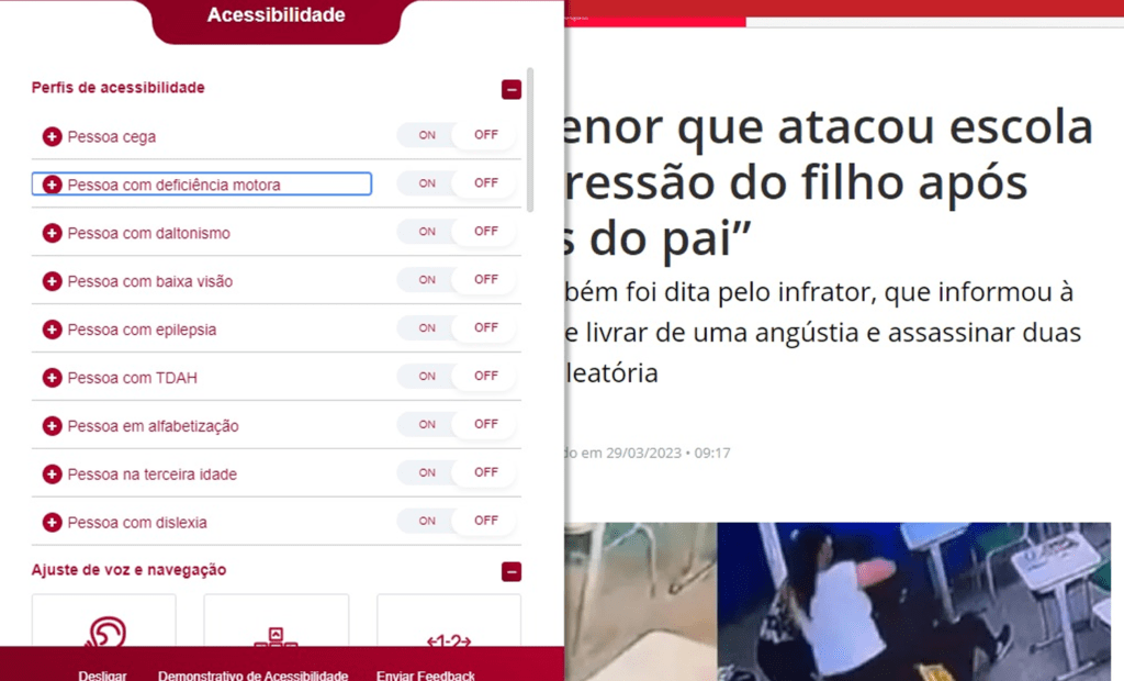 Band. Imagem do portal da Band com a ferramenta da equalweb aberta e uma caixa azul em cima da palavra perssoas com deficiência motora. 
