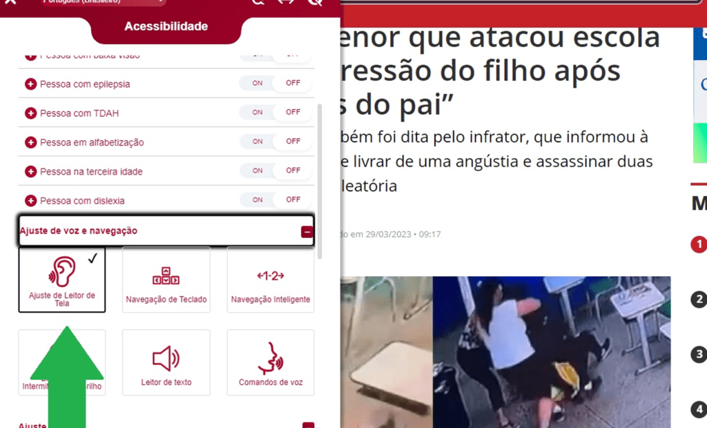 Band. Imagem do portal da Band com a ferramenta da equalweb aberta e a funcionalidade de ajuste de voz e navegação. 