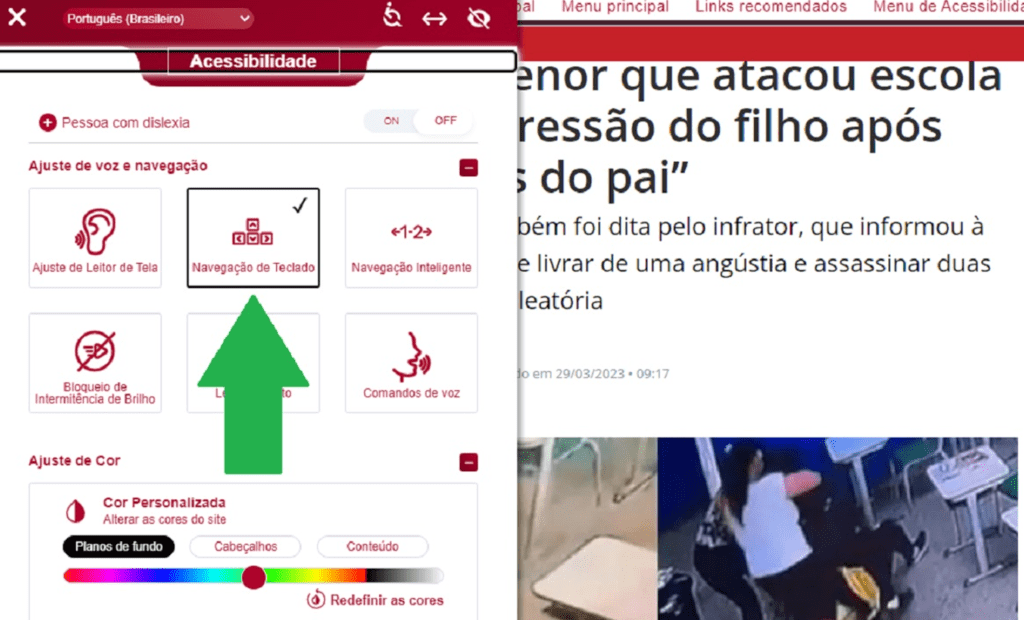 Band. Imagem do portal da Band com a ferramenta da equalweb aberta e funcionalidade de navegação de teclado. 