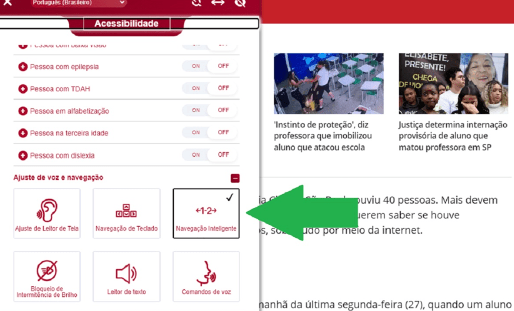 Band. Imagem do portal da Band com a ferramenta da equalweb aberta com a funcionalidade navegação inteligente aberta.
