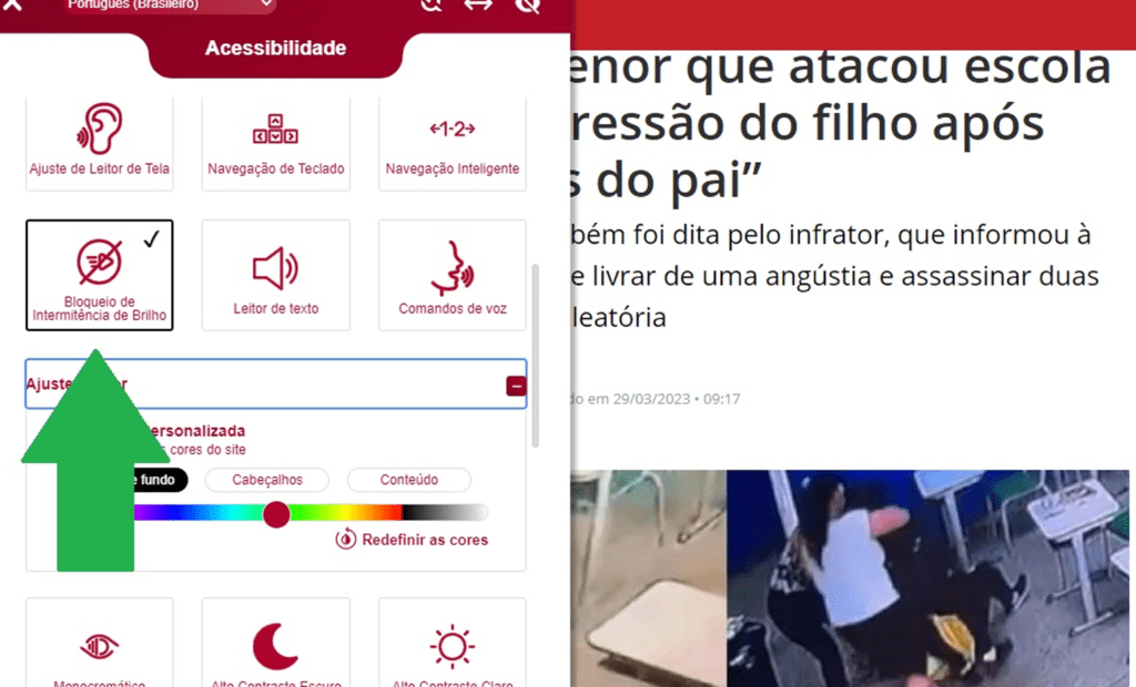Band. Imagem do portal da Band com a ferramenta da equalweb aberta com a funcionalidade bloqueio intermitência de brilho aberta. 