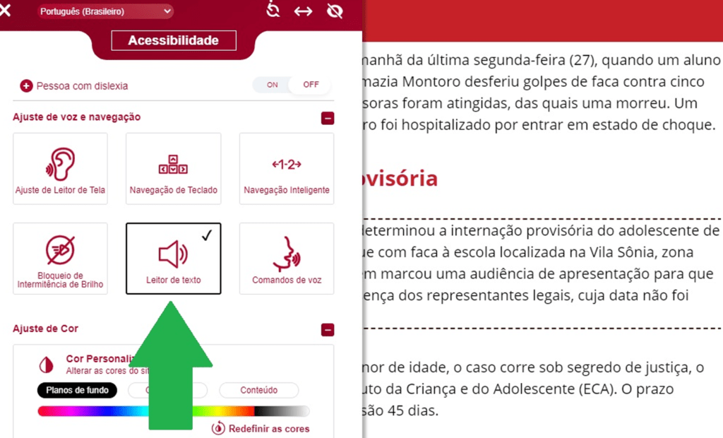 Band. Imagem do portal da Band com a ferramenta da equalweb aberta com a funcionalidade leitor de texto aberto. 