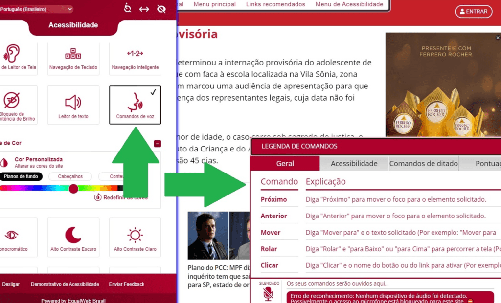 Band. Imagem do portal da Band com a ferramenta da equalweb aberta com a funcionalidade comando de voz aberta