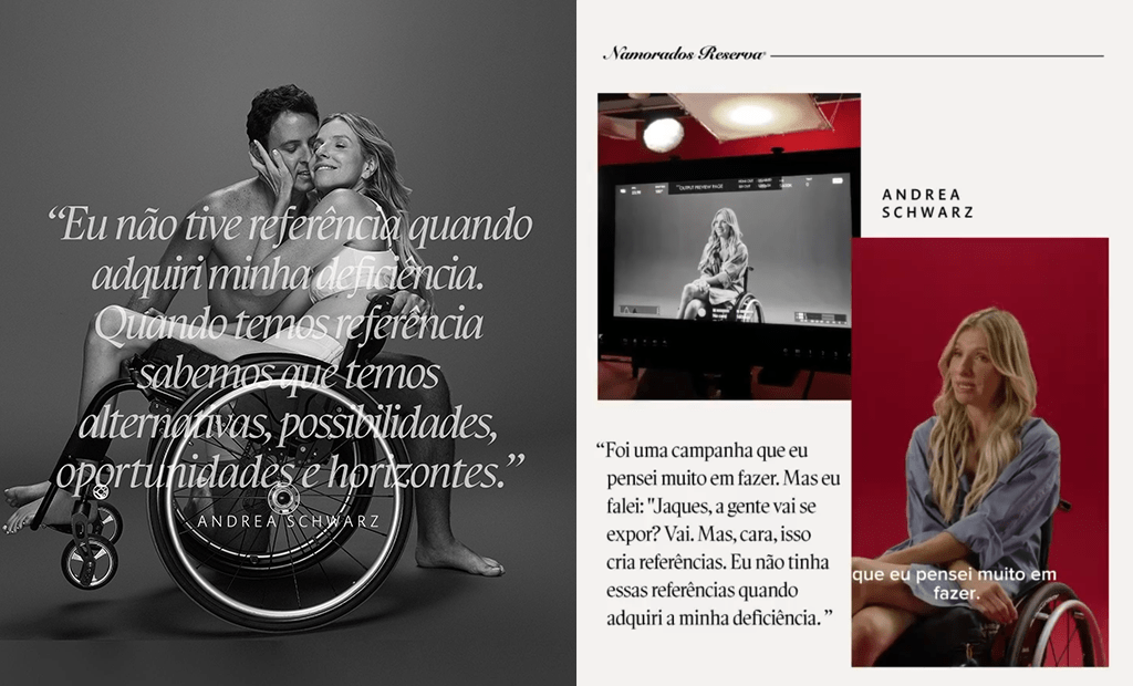 Reserva. Recorte do vídeo de bastidores da campanha de dia dos namorados da reserva. Ela tem a pele clara, cabelos loiros e longos, é magra e está em uma cadeira de rodas vestindo uma camisa azul listrada com branco. Ele é branco, de cabelos castanhos e curtos, magro e está sentado abraçando a Andrea. 