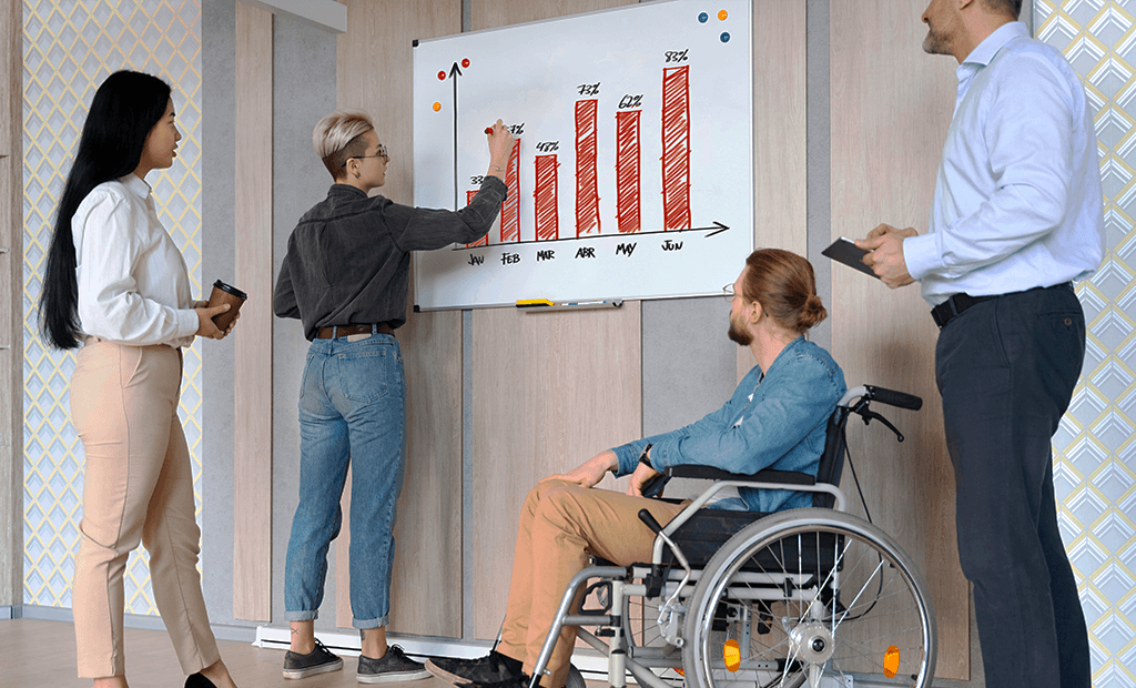 Empresa. Imagem de um grupo de pessoas em uma sala de reunião com uma lousa cheia de gráficos. Na imagem tem uma mulher loira, uma morena, um homem branco cadeirante e uma homem branco e loiro de cabelo preto.