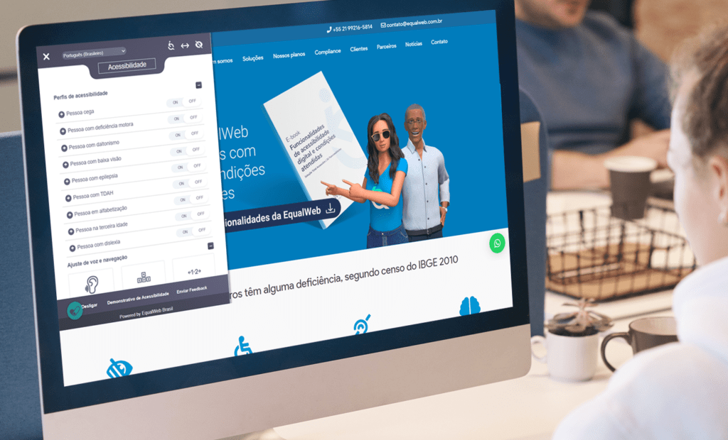 Empresa. Imagem da tela inicial do site da EqualWeb com a ferramente de acessibilidade aberta