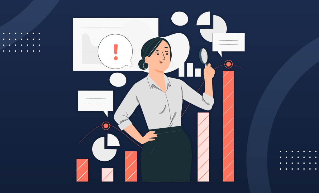 Busca. Imagem de um desenho que representa uma mulher e em volta delas alguns elementos simbolizando dados de gráficos. 