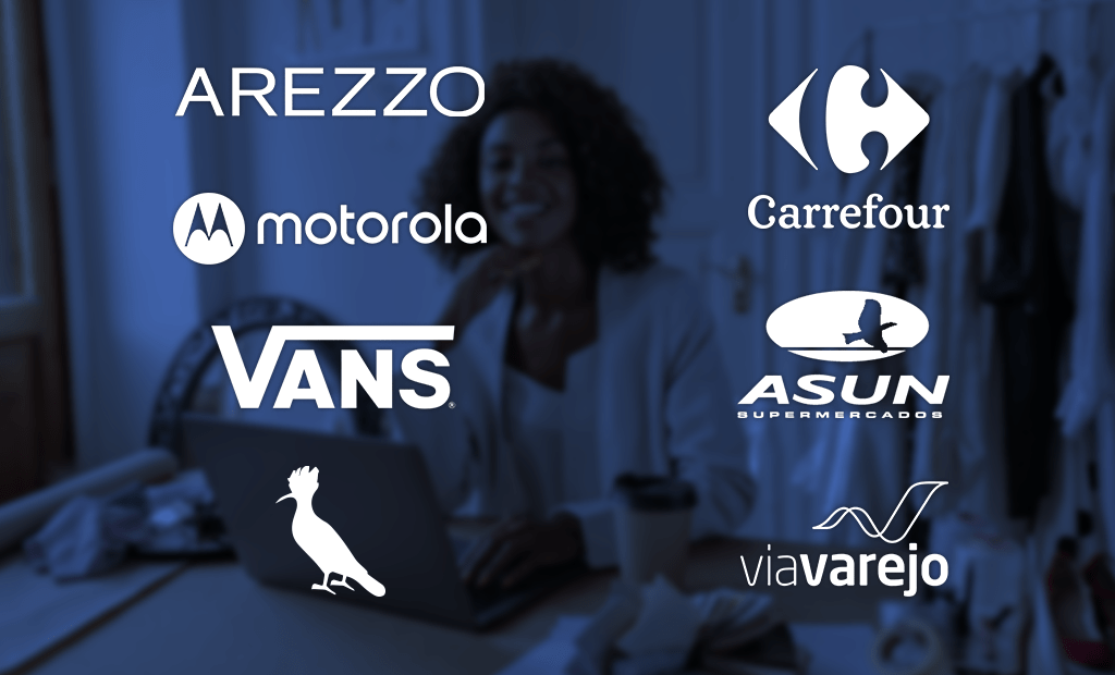 Navegação. Logo dos clientes Arezzo, Vans, Reserva, Via Varejo, Motorola, Carrefour e Rede Asun.