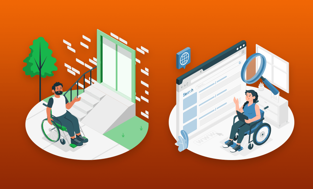 Evento. Imagem em gravuras, do lado esquerdo temos um homem, cadeirante em frente a uma rampa de acessibilidade e do lado direito, temos uma uma mulher, cadeirante em frente a uma página de site.