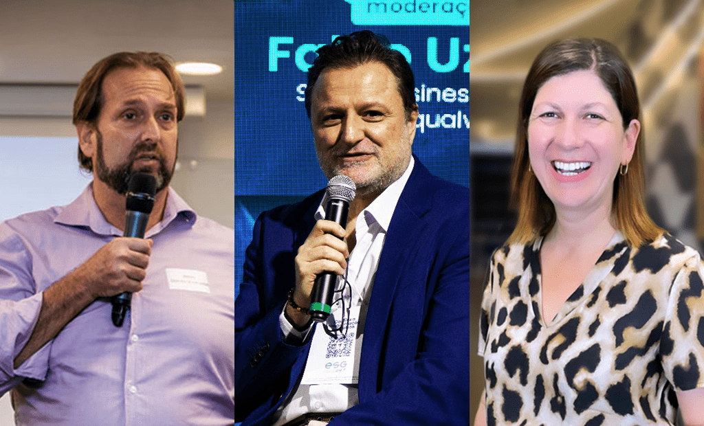 Casas Bahia. Uma imagem dividida em três partes com as seguintes fotos: No lado esquerdo Ricardo Hechtman (CEO & Head de Inovação) no meio Fabio Uzunof (Senior Business Partner) e do lado esquerdo Fernanda Ascencio Winck (Diretora de Marketplace do Grupo Casas Bahia).