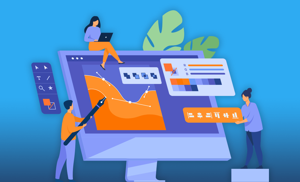 acessibilidade digital. Imagem de fundo azul e no meio uma ilustração de uma tela de computador com uma imagem de dados. Na parte superior temos uma menina sentada mexendo no computador, no lado esquerdo um menino segurando uma caneta e do lado direito uma menina segurando uma caixa com alguns gráficos. 