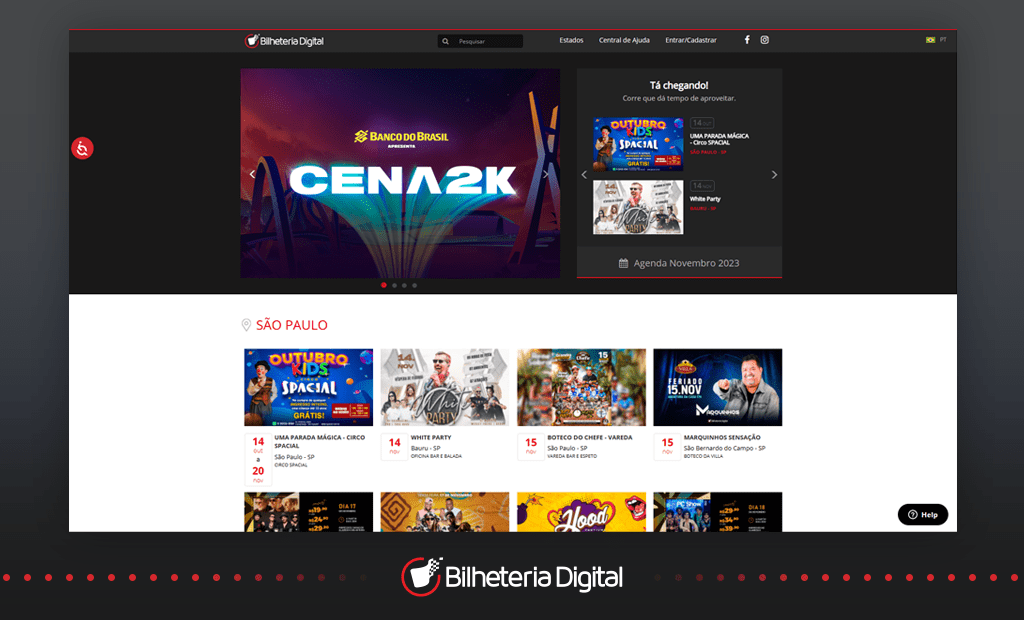 Empresas. Imagem da tela inicial do site da bilheteria digital