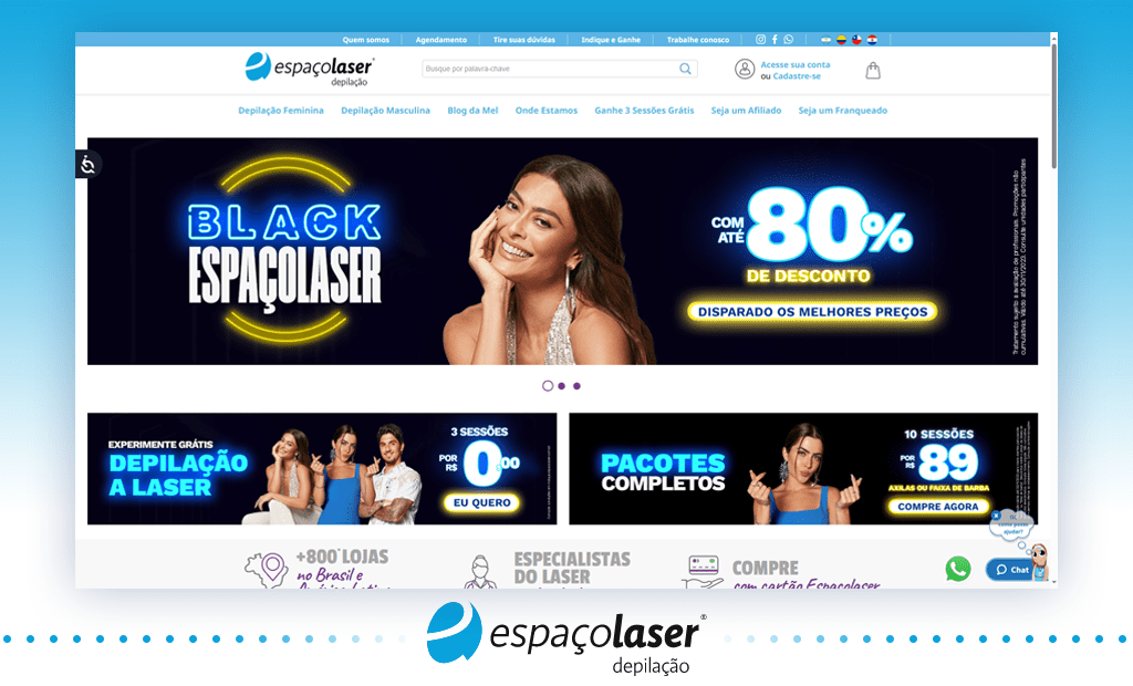 Empresas. Imagem da tela inicial do site do espaçolaser