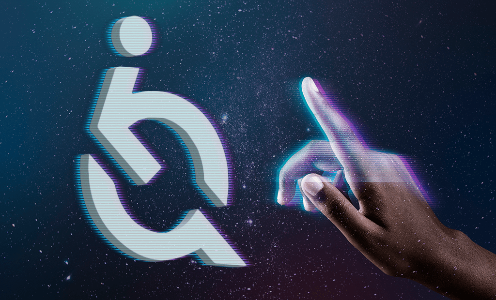 Acessibilidade. Imagem da logo da Equalweb em branco e uma mão de uma pessoa negra querendo toca-la.