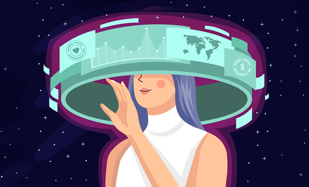 Tendências. Imagem de uma boneca de cabelos roxo e um circulo em volta na cabeça com imagens passando na tela. 